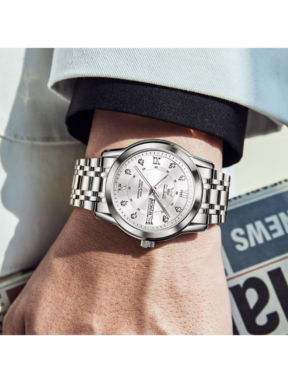 Mens Silver White Stainless Steel Waterproof Roman Numbers Diamond Classic Watch - Picture 2 of 5